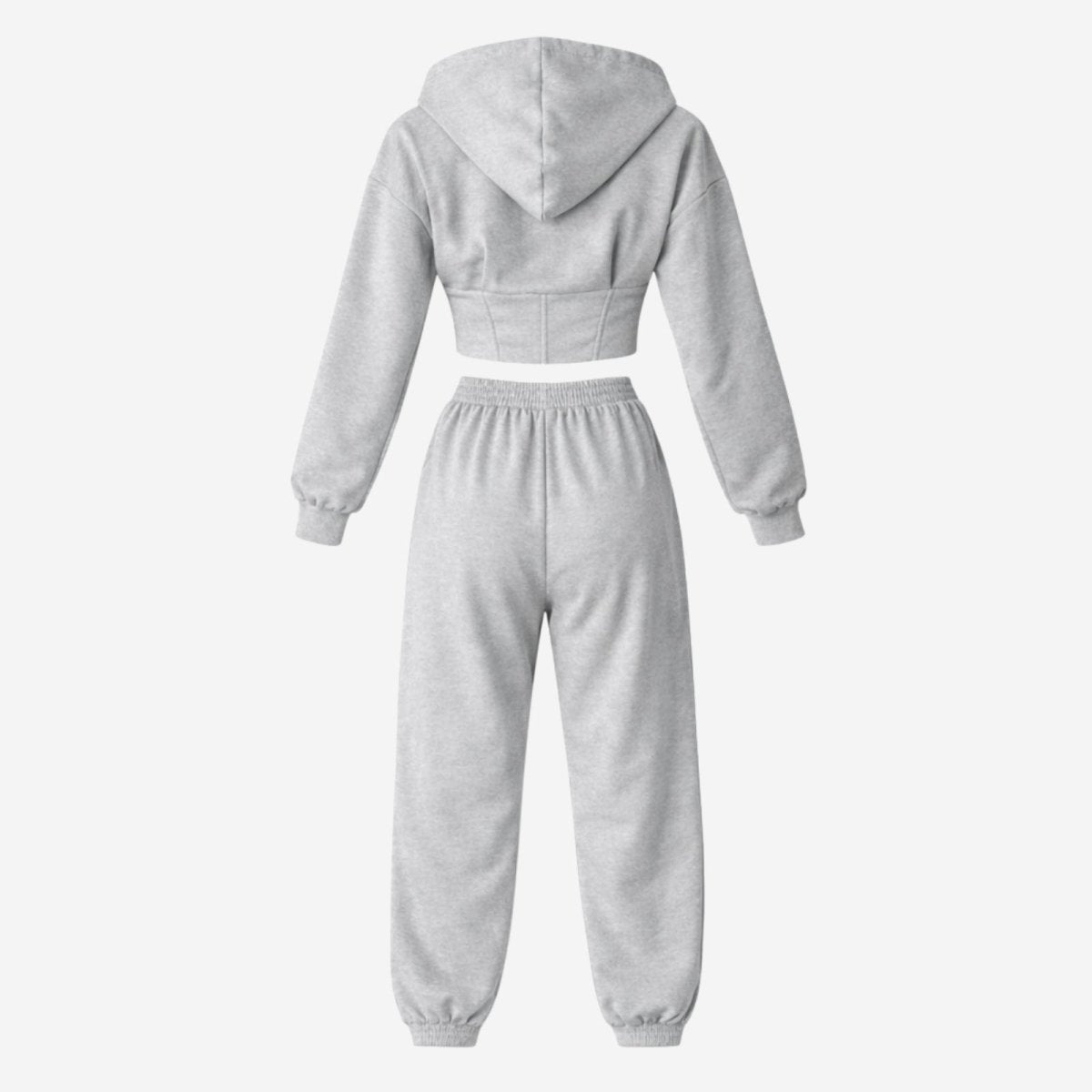 Flat lay of the back of the Kouvr Fashion ellaine heather grey loungewear set, detailing the corset-style seaming on the hoodie.