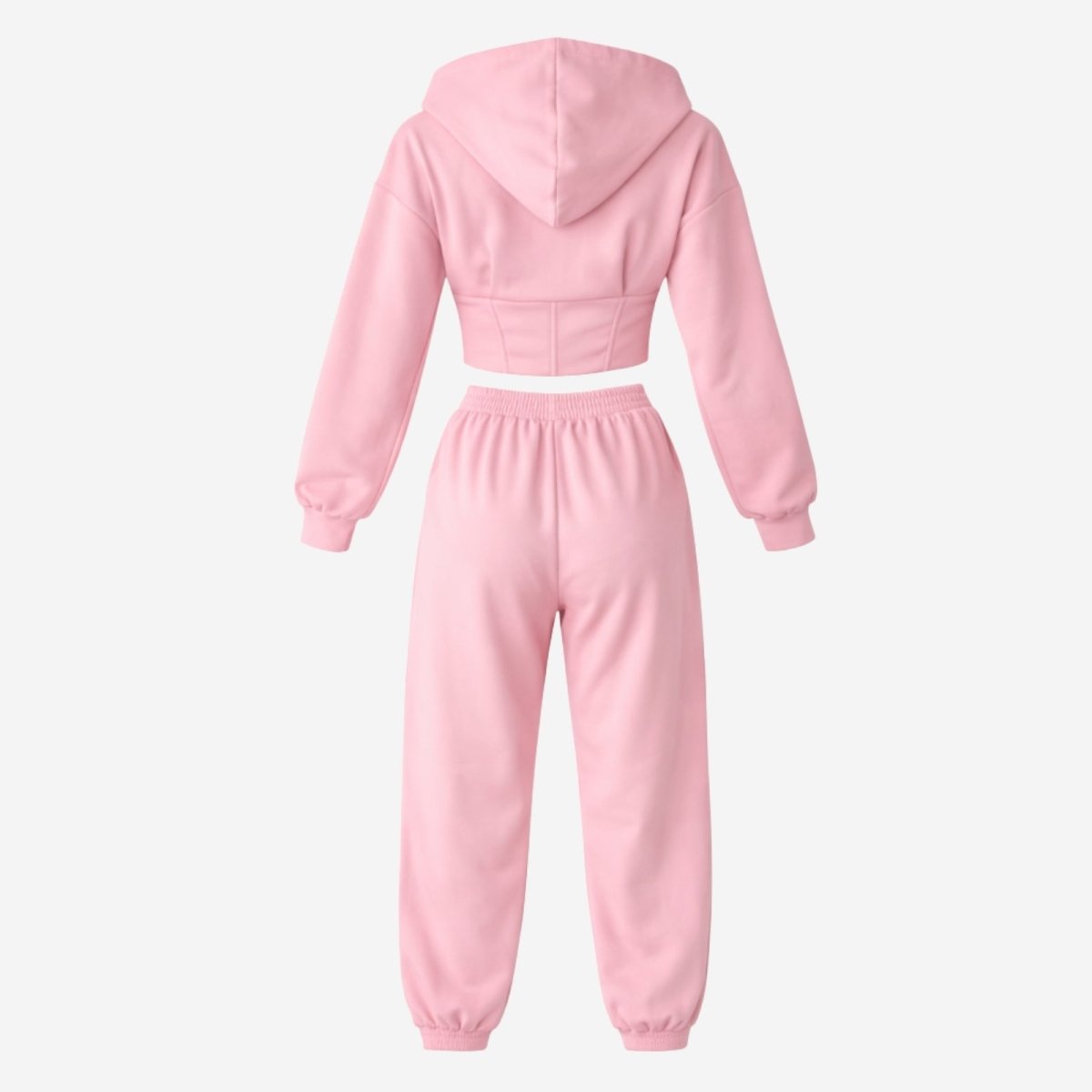 Flat lay showing the back of the pink cropped hoodie with corset detailing and jogger sweatpants.