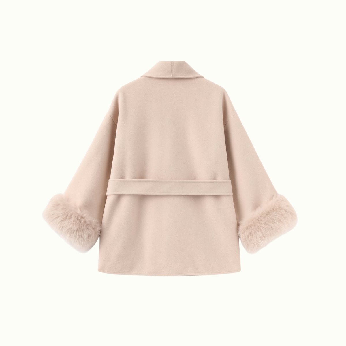 Back view product-only flat lay of the Kouvr Fashion Emma sand beige coat, displaying the full cut and belt. 