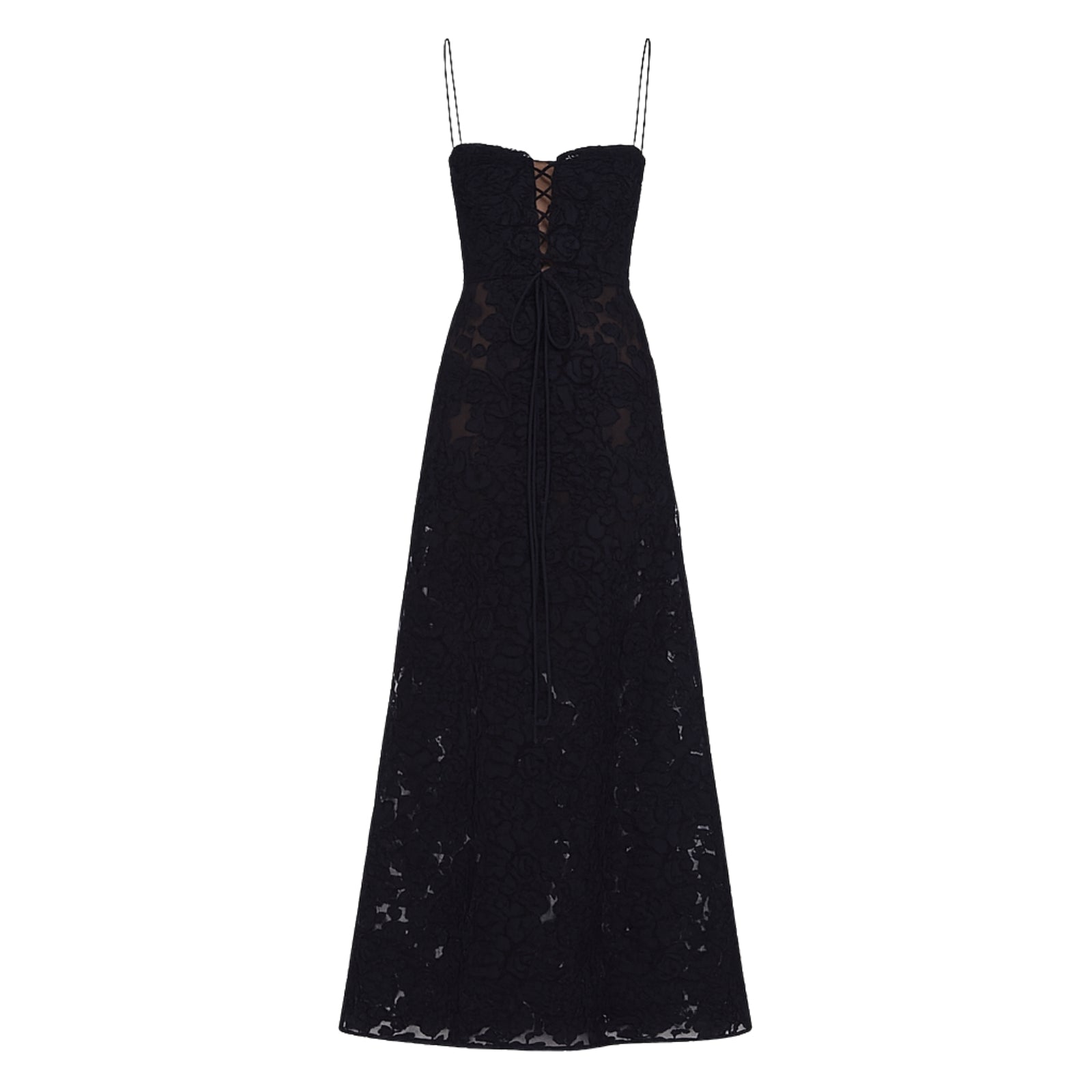 Black Kouvr strapless dress with lace details on a white background