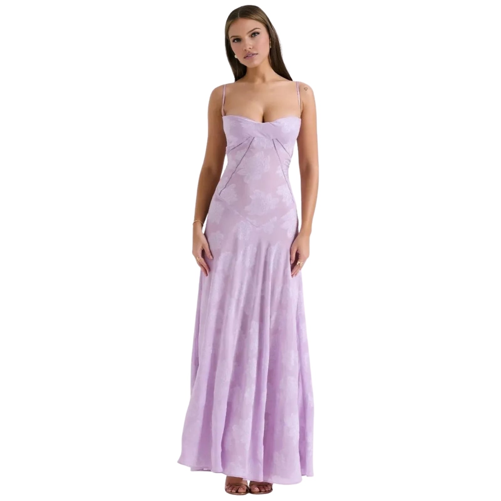 Woman wearing a strapless purple Kouvr gown on a white background