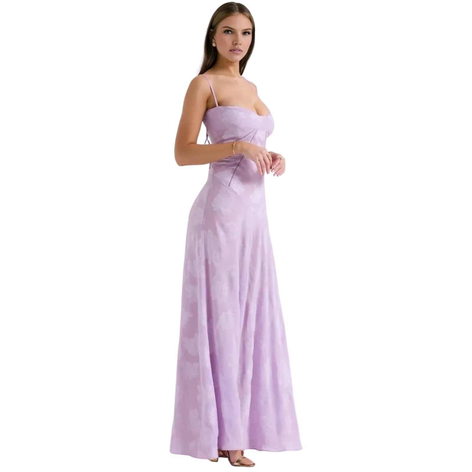 Woman wearing a long purple Kouvr dress on a white background