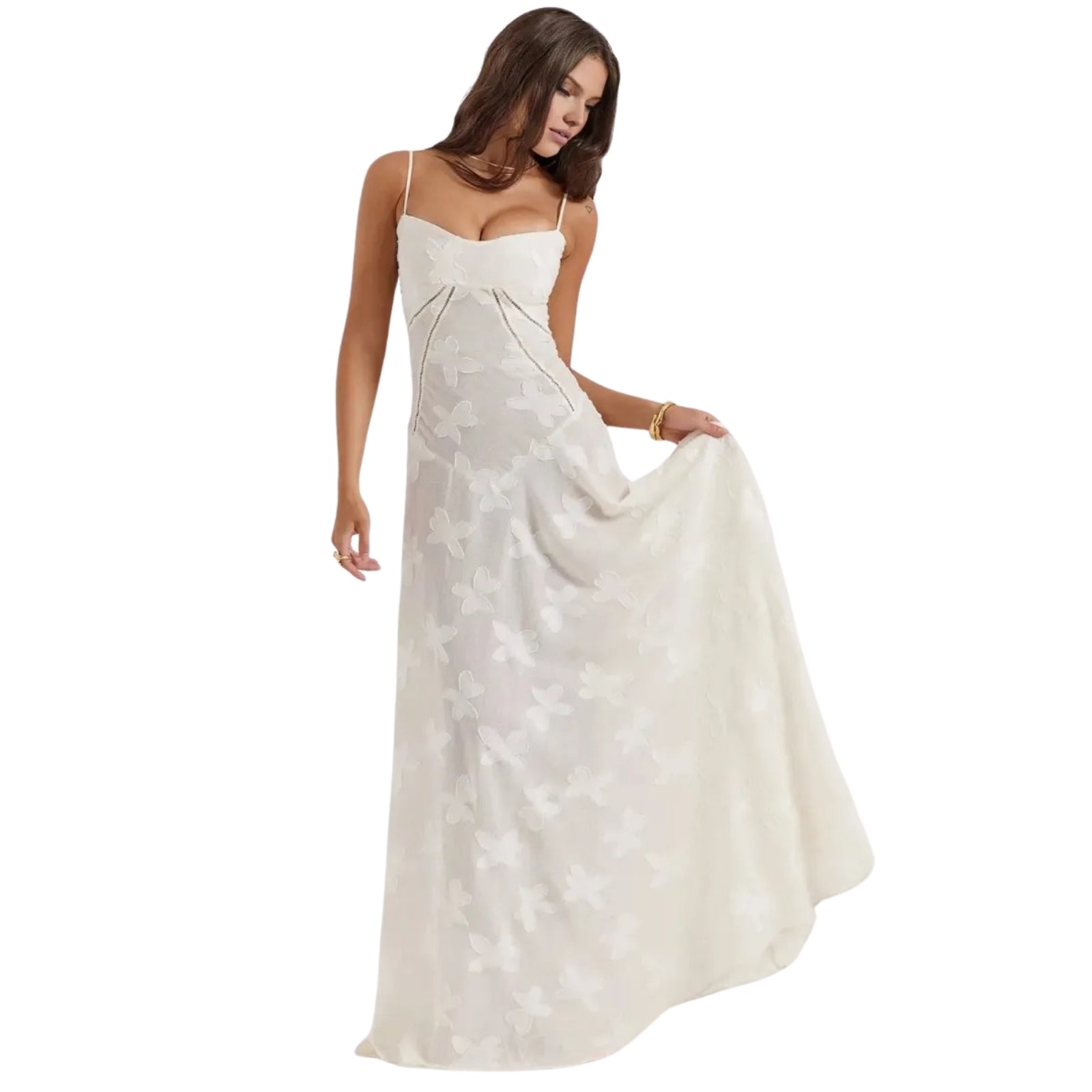 Woman wearing a white Kouvr floral dress on a white background