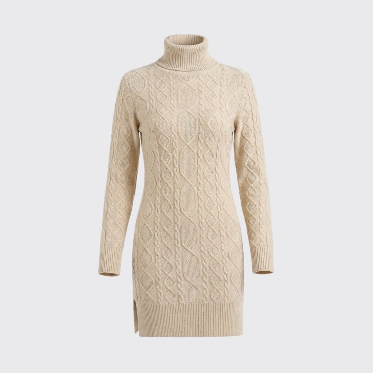 Flat lay of the Kouvr Fashion Erza turtleneck sweater dress in beige, displaying the full cable knit pattern and product details.