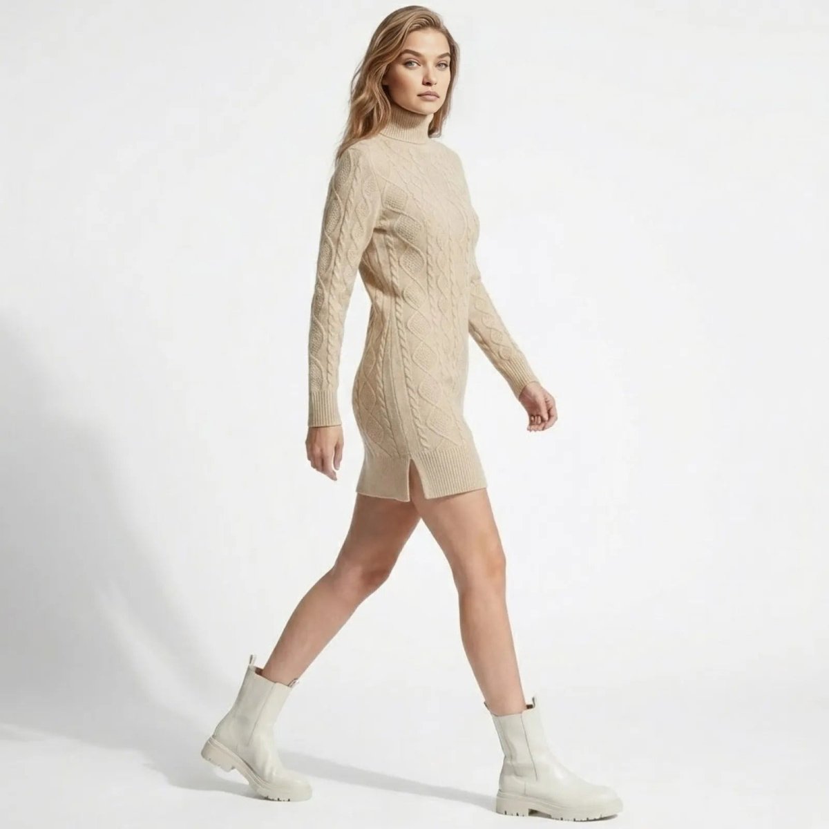 Model in a walking pose wearing the Kouvr Fashion beige long sleeve knit dress, showing the side slit detail and flattering bodycon fit.
