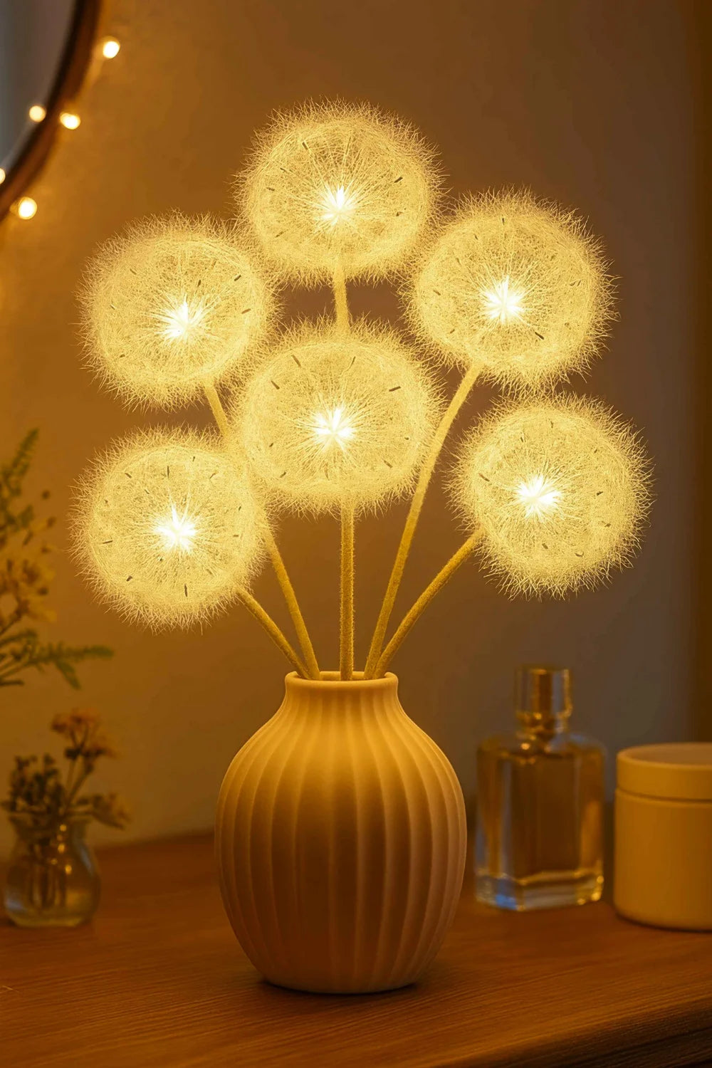 Ethereal lighting, whimsical home decor, fairy light lamp, botanical accent light, flower bouquet light, ambient mood light, cozy bedroom lamp, sculptural table light, unique nightstand lamp