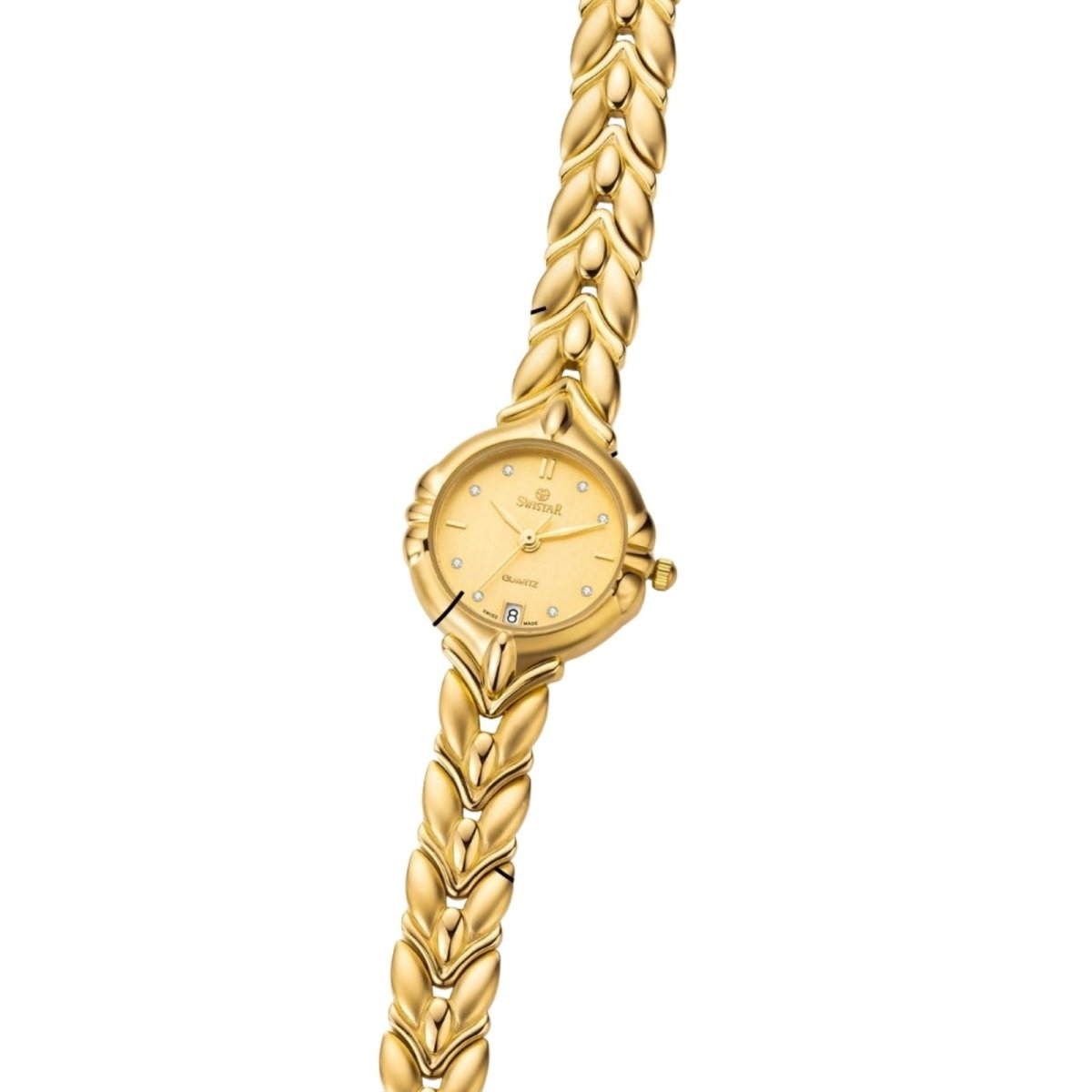 Gold kouvr watch with braided strap on a white background