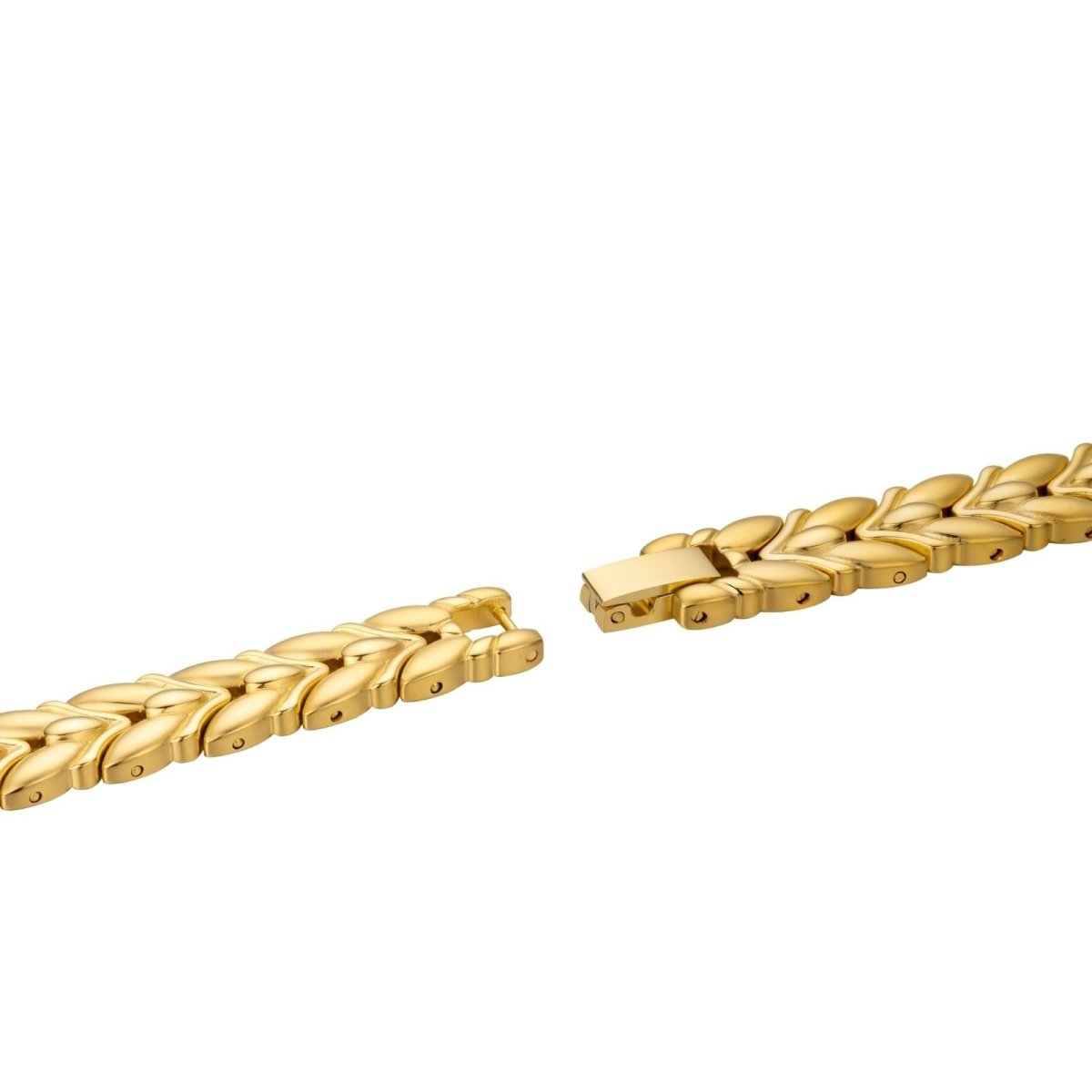 Close-up of the open jewelry clasp on the gold leaf bracelet of the Kouvr Fashion Evanthe watch.