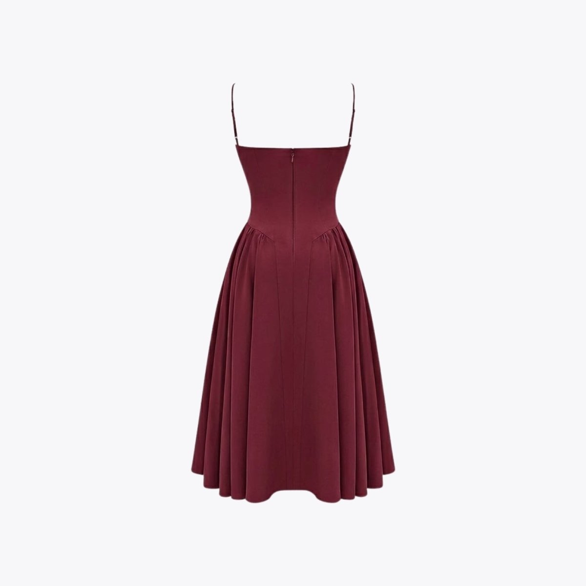 Rear product image of the Kouvr Fashion Evdokia dress in burgundy, detailing the back zipper and pleated skirt construction.