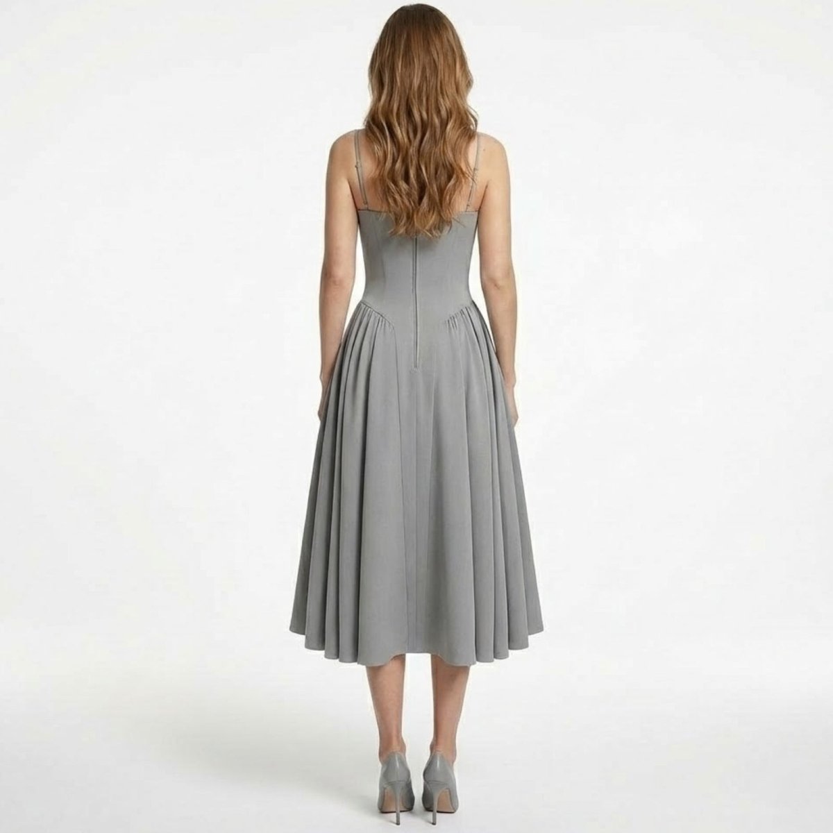 Back view of the Kouvr Fashion Evdokia grey corset dress, detailing the spaghetti straps and concealed zipper.
