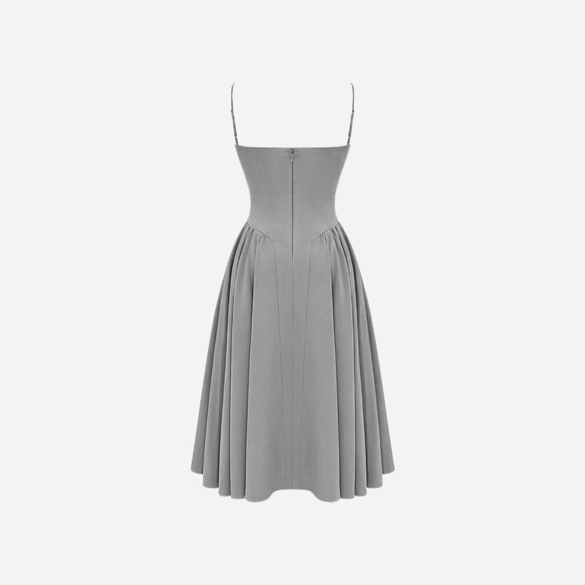 Rear product shot of the Kouvr Fashion Evdokia grey dress, highlighting the pleated skirt and zipper construction.