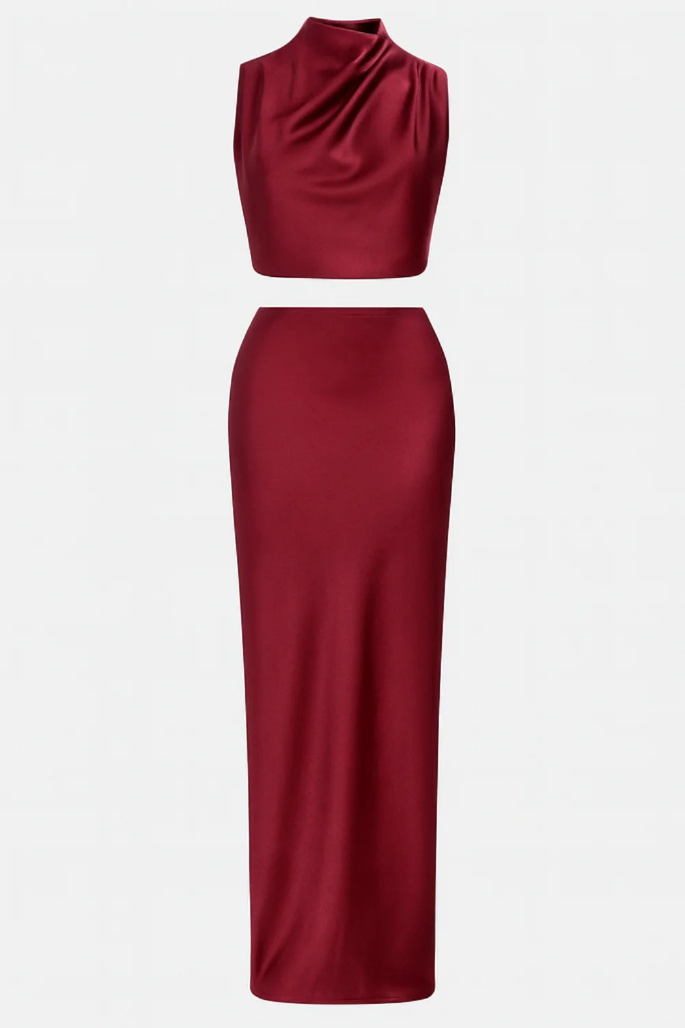 matching set," "eveningwear," "special occasion outfit," "minimalist formal," "bias-cut skirt," "sleeveless high-neck top," "wedding guest attire