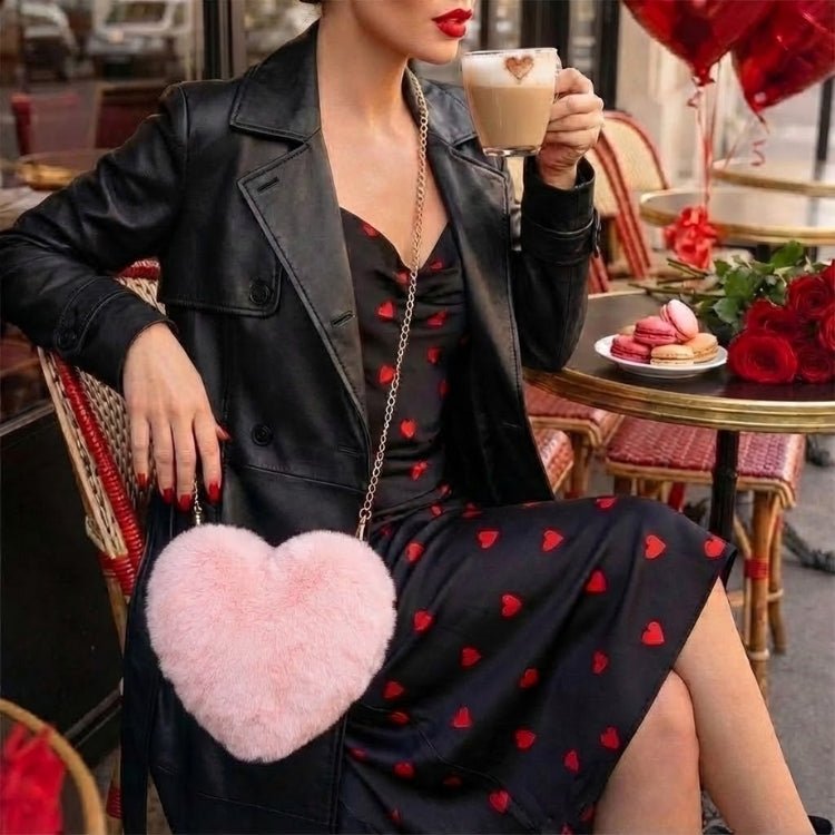 A woman in a black dress with red hearts holding a cappuccino, showcasing her pink plush heart bag at a cafe table with macarons and roses.