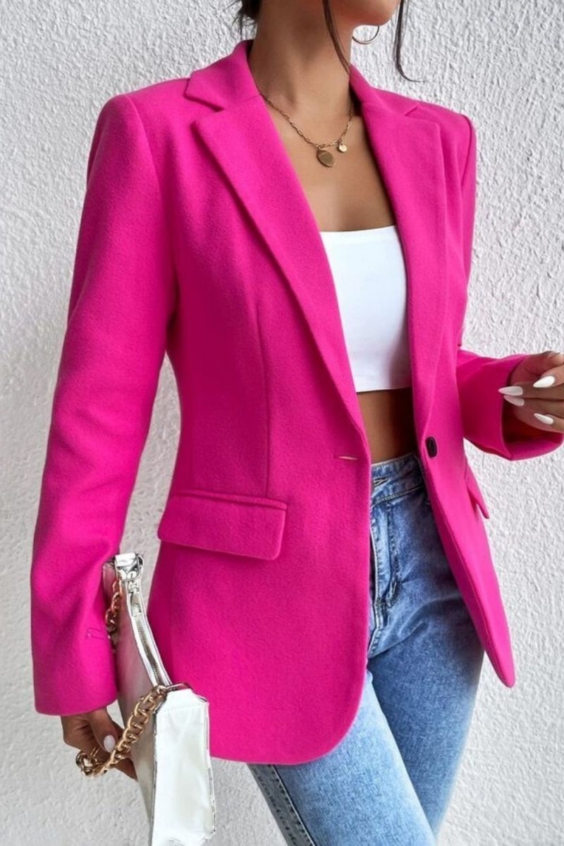 business casual jacket", "chic office wear", "notched lapel coat", "structured fit", "bold color outerwear", and "long sleeve blazer