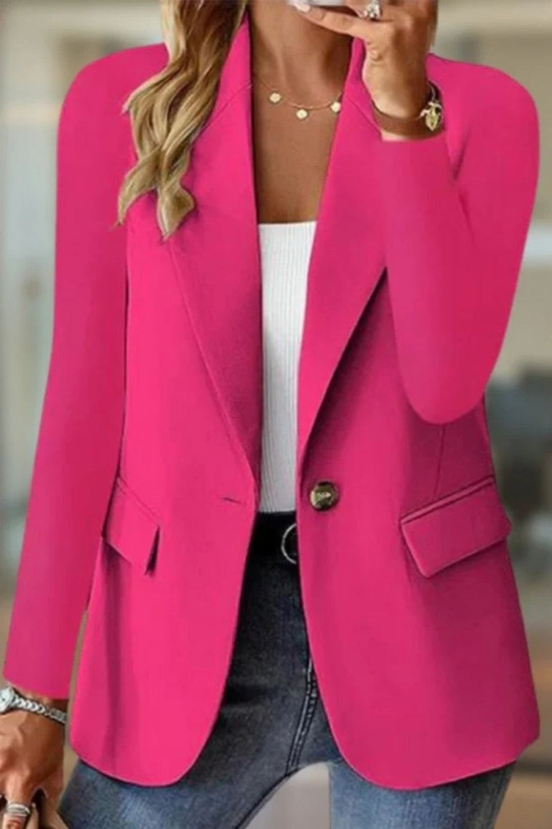 business casual jacket", "chic office wear", "notched lapel coat", "structured fit", "bold color outerwear", and "long sleeve blazer