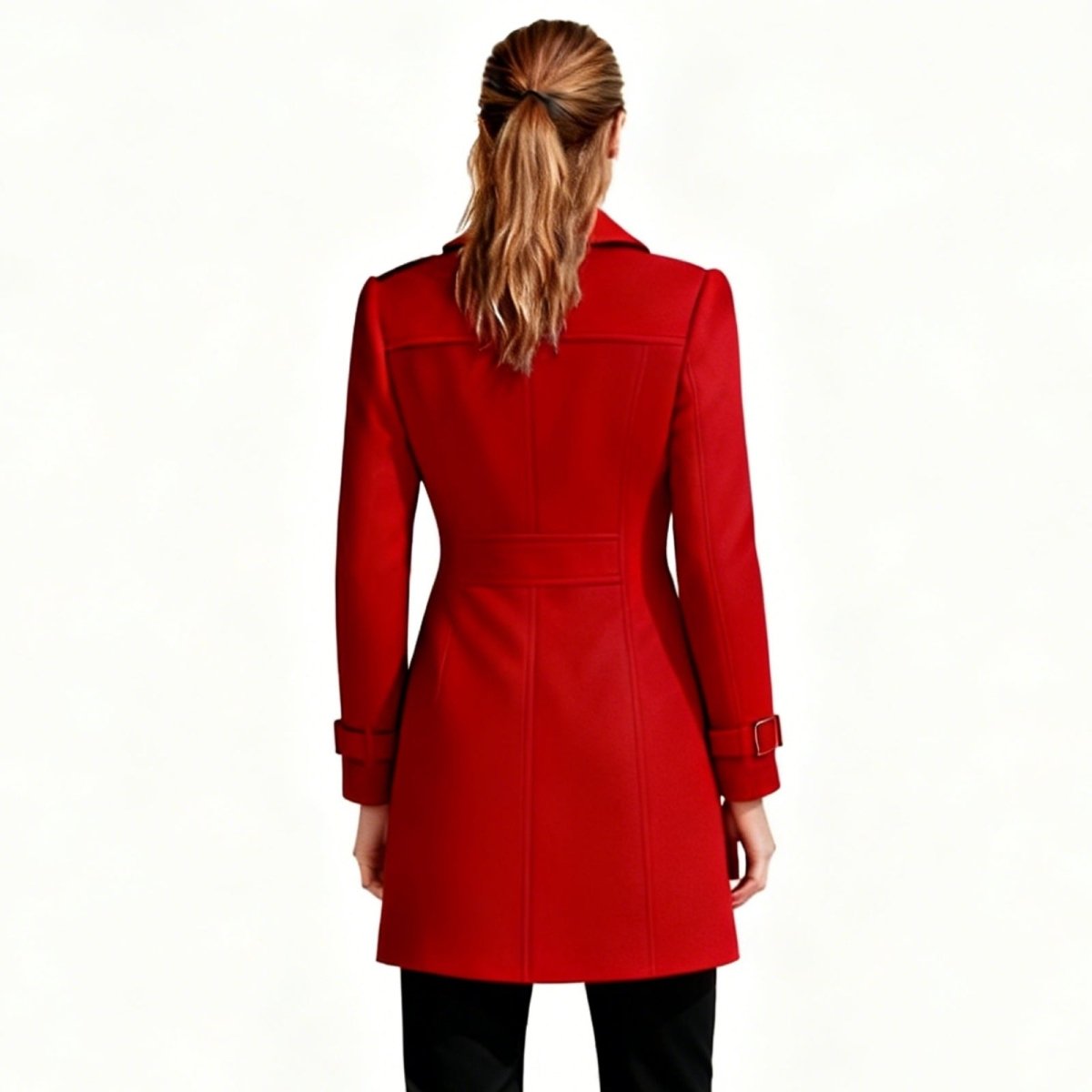 Red Kouvr coat worn by a person on a white background