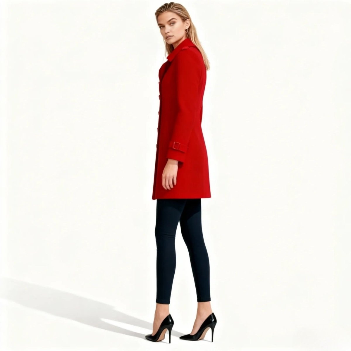 Woman wearing a red Kouvr coat on a white background