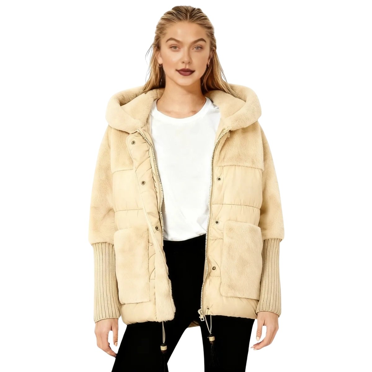 Woman wearing a beige puffer jacket on a white background