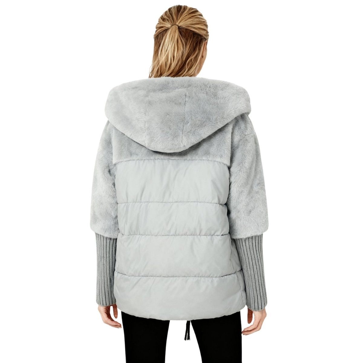Back view of the Kouvr Fashion gray hooded puffer jacket with quilted paneling.