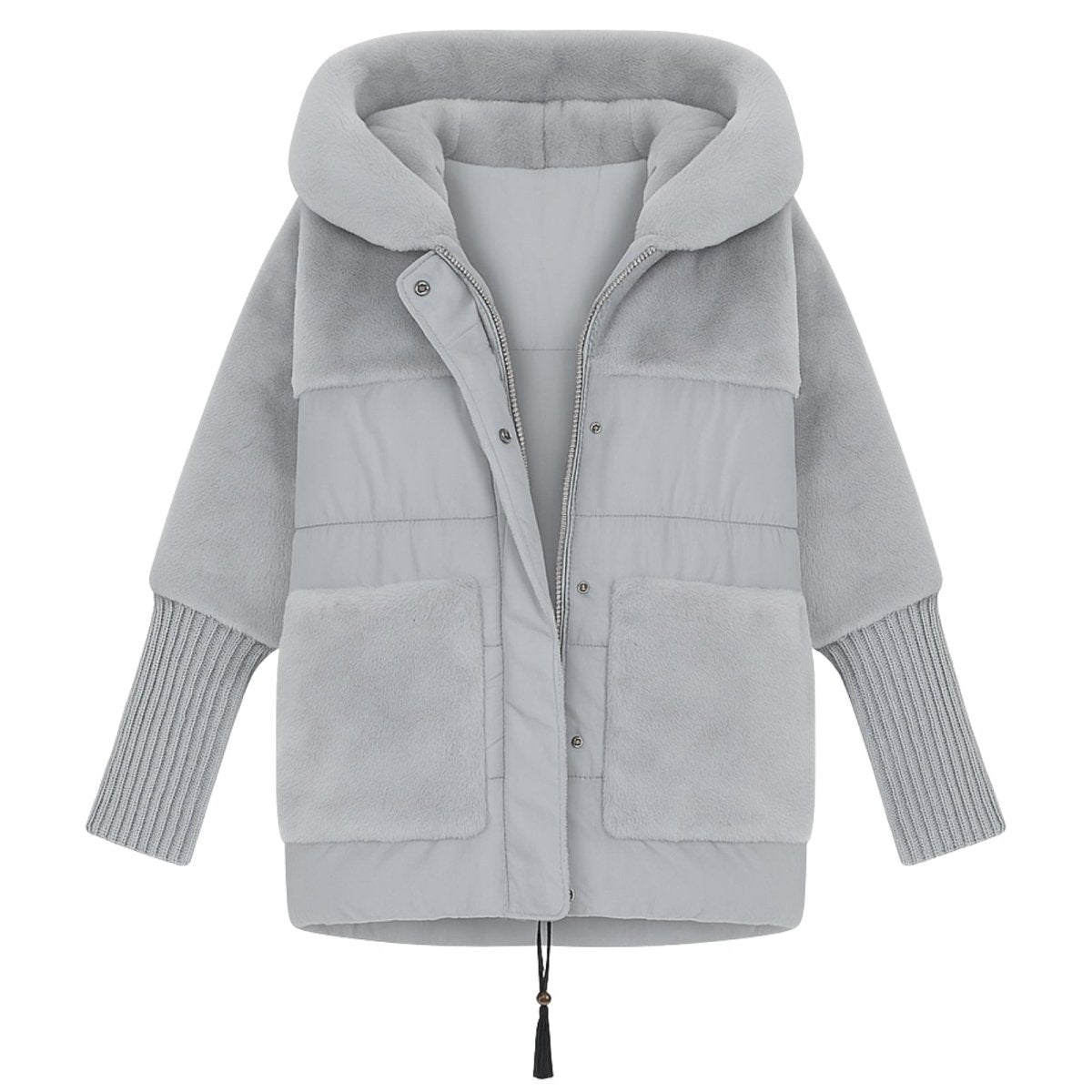 Gray kouvr hooded jacket with ribbed cuffs and hem on a white background