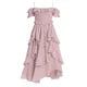 Model wearing Kouvr Fashion Freyna dusty lilac two-piece ruffle dress with corset top and tiered midi skirt
