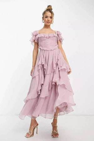 Ruffle Two-Piece Midi Dress | Ruched Corset Top & Tiered Skirt Set |  Romantic Wedding Guest & Cocktail Co-ord