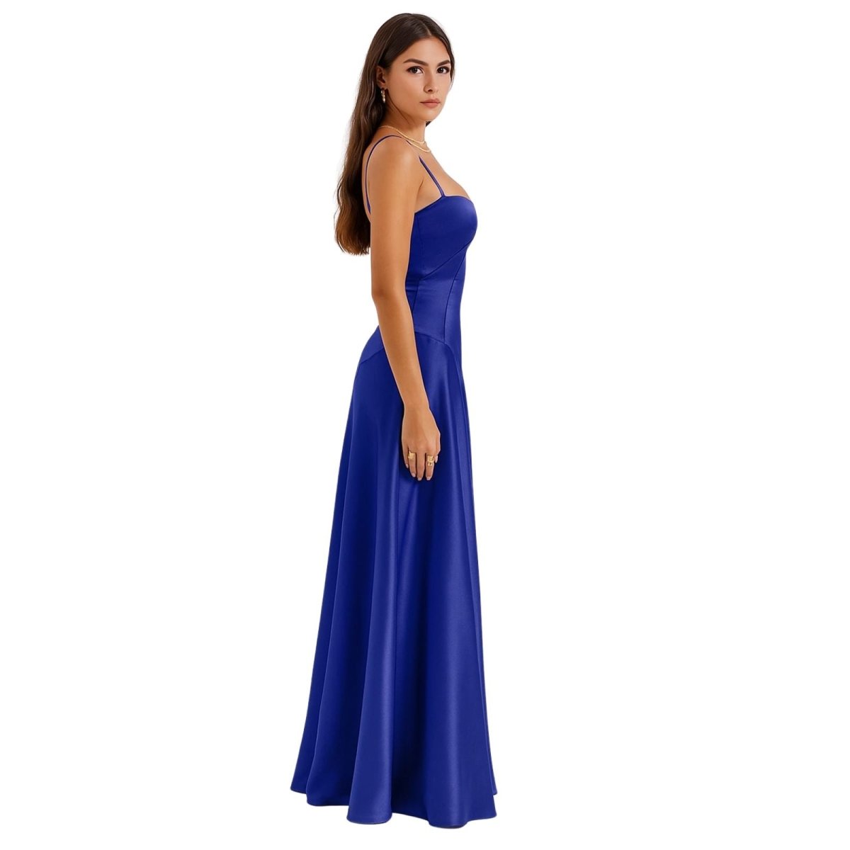 Model wearing the Gabriella blue kouvr satin corset gown, side view.