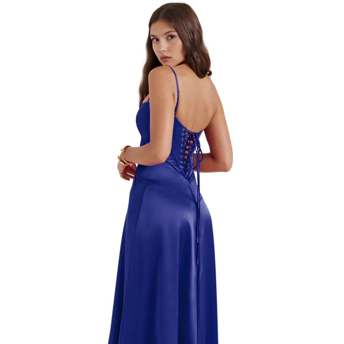 Woman wearing a blue kouvr evening gown with a lace-up back on a white background