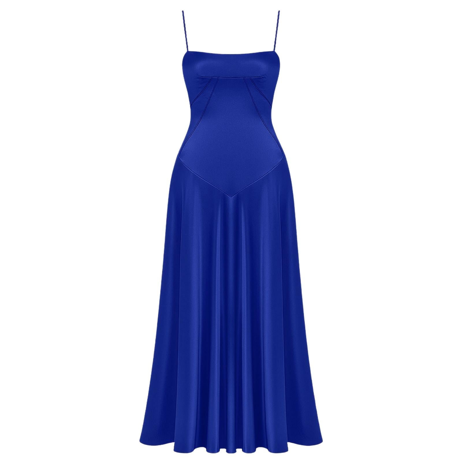 Model wearing the Kouvr Fashion Gabriella blue satin corset gown, front view.