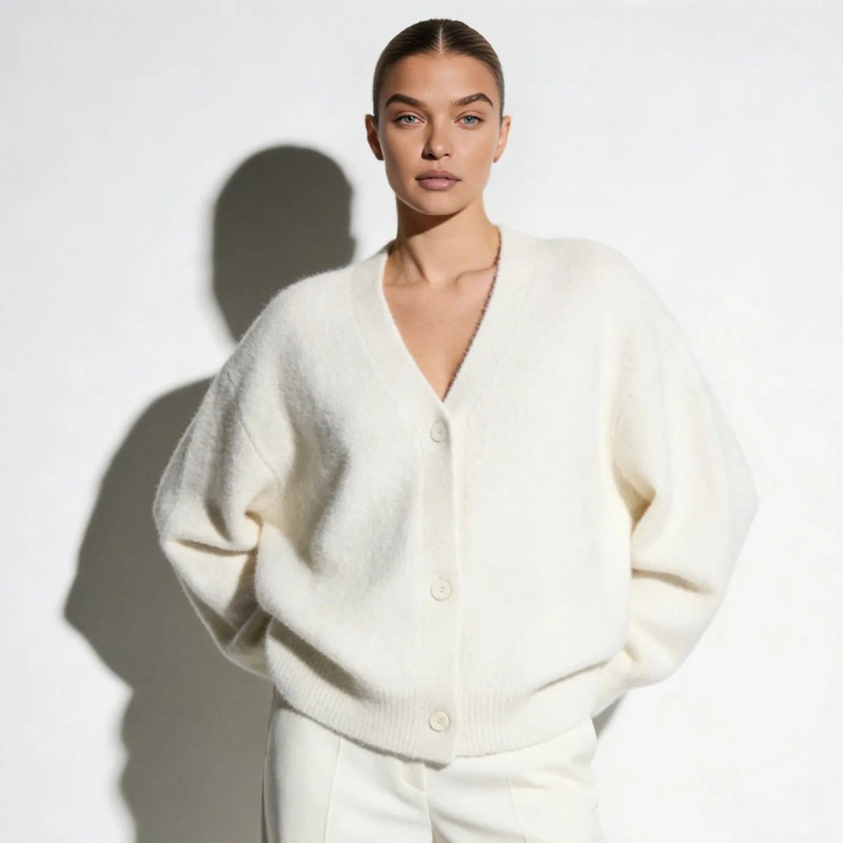 Model wearing the Kouvr Fashion Gina oversized fluffy alpaca blend cardigan in white, styled with matching trousers.