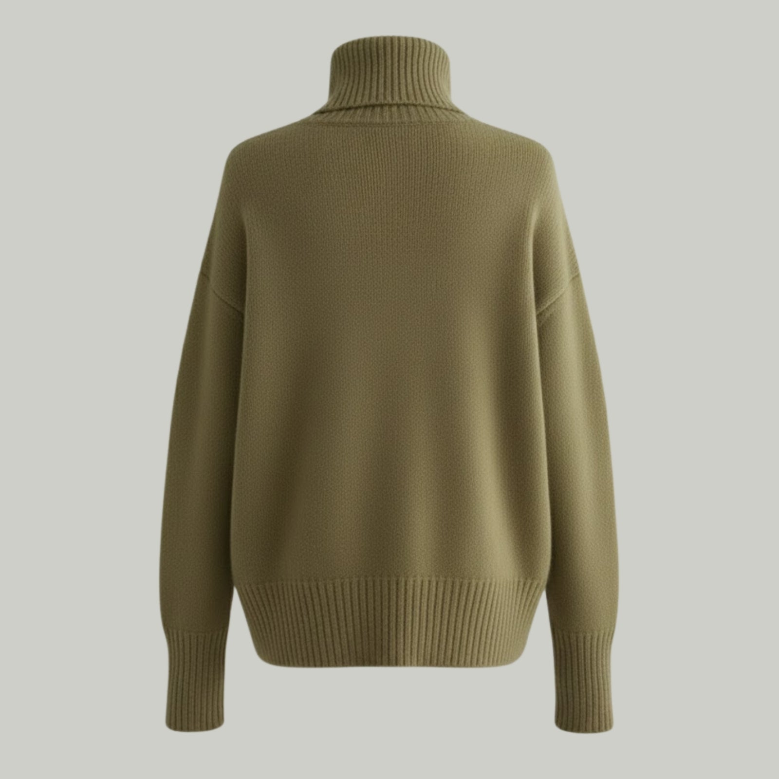 Product-only image showing the back construction of the Kouvr Fashion Gloria Cashmere Turtleneck sweater in khaki.