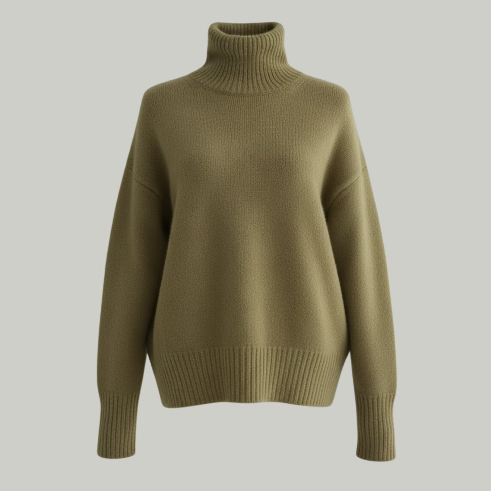 Product-only image of the Kouvr Fashion Gloria Cashmere Turtleneck sweater in khaki on a flat light grey background.
