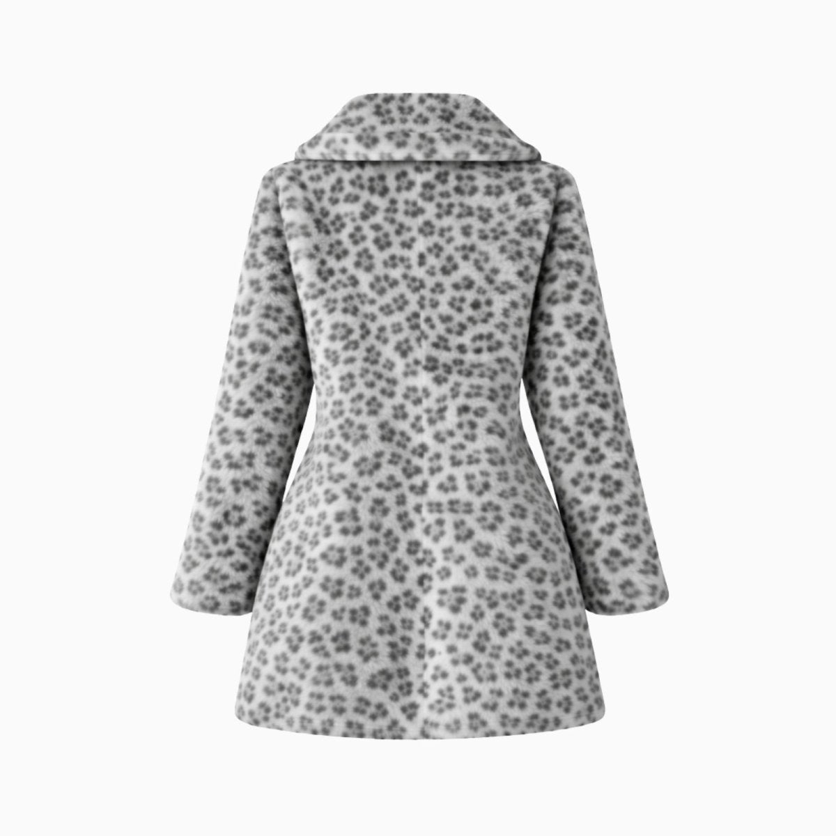 Product-only image of the back of the Kouvr Fashion plush gray leopard coat on a white background.