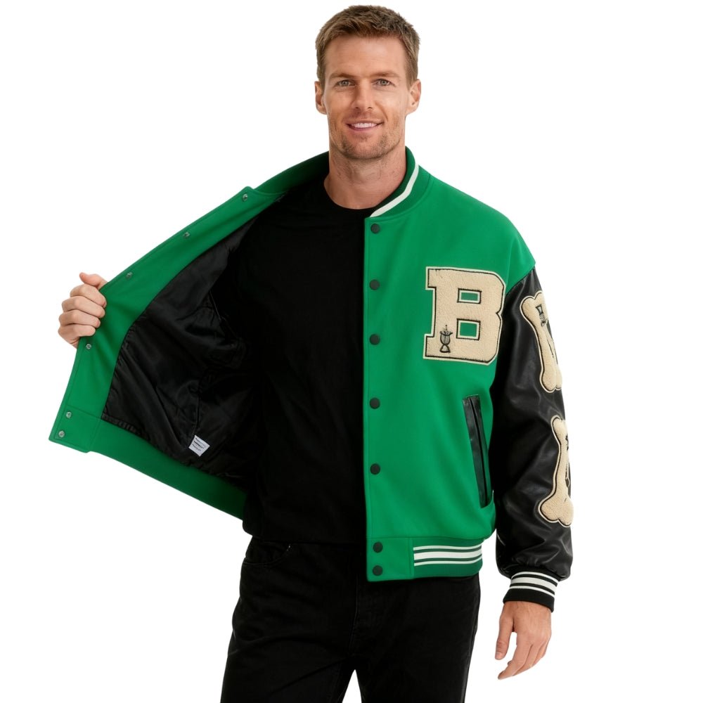 collegiate style", "chenille patch", "wool bomber", "leather sleeve jacket", and "designer outerwear for men