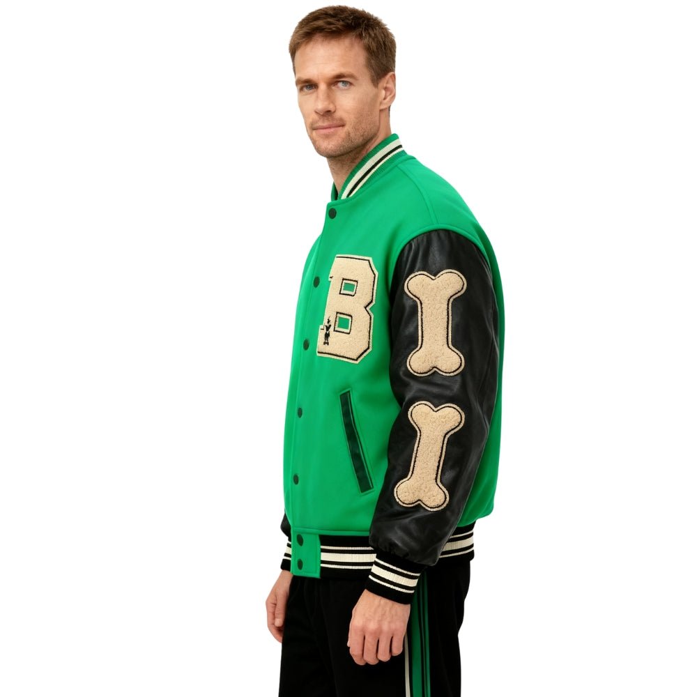 Man wearing a green and black Kouvr varsity jacket with letter 'B' on a white background