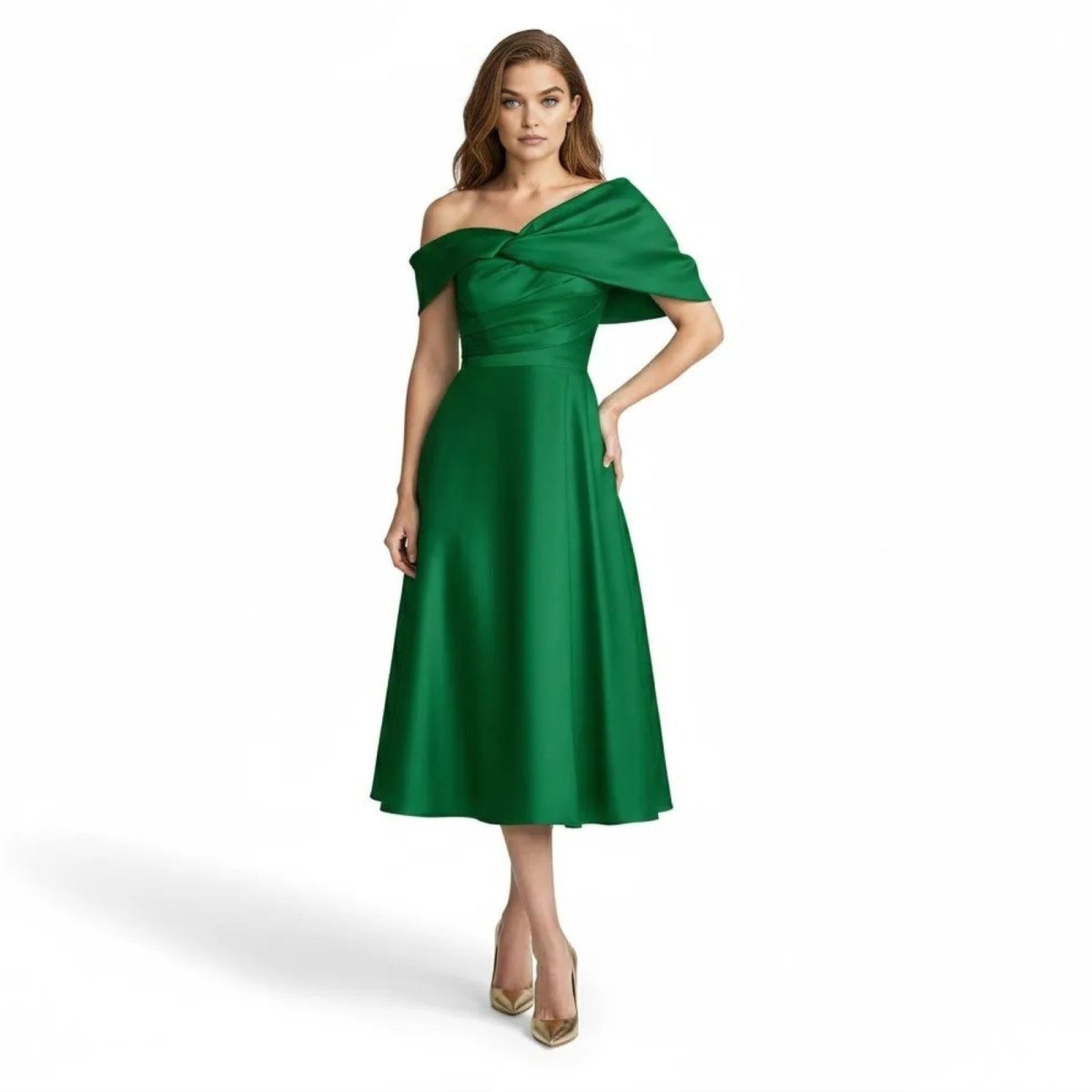 Model wearing the Kouvr Fashion emerald green off-the-shoulder satin midi dress, front view.