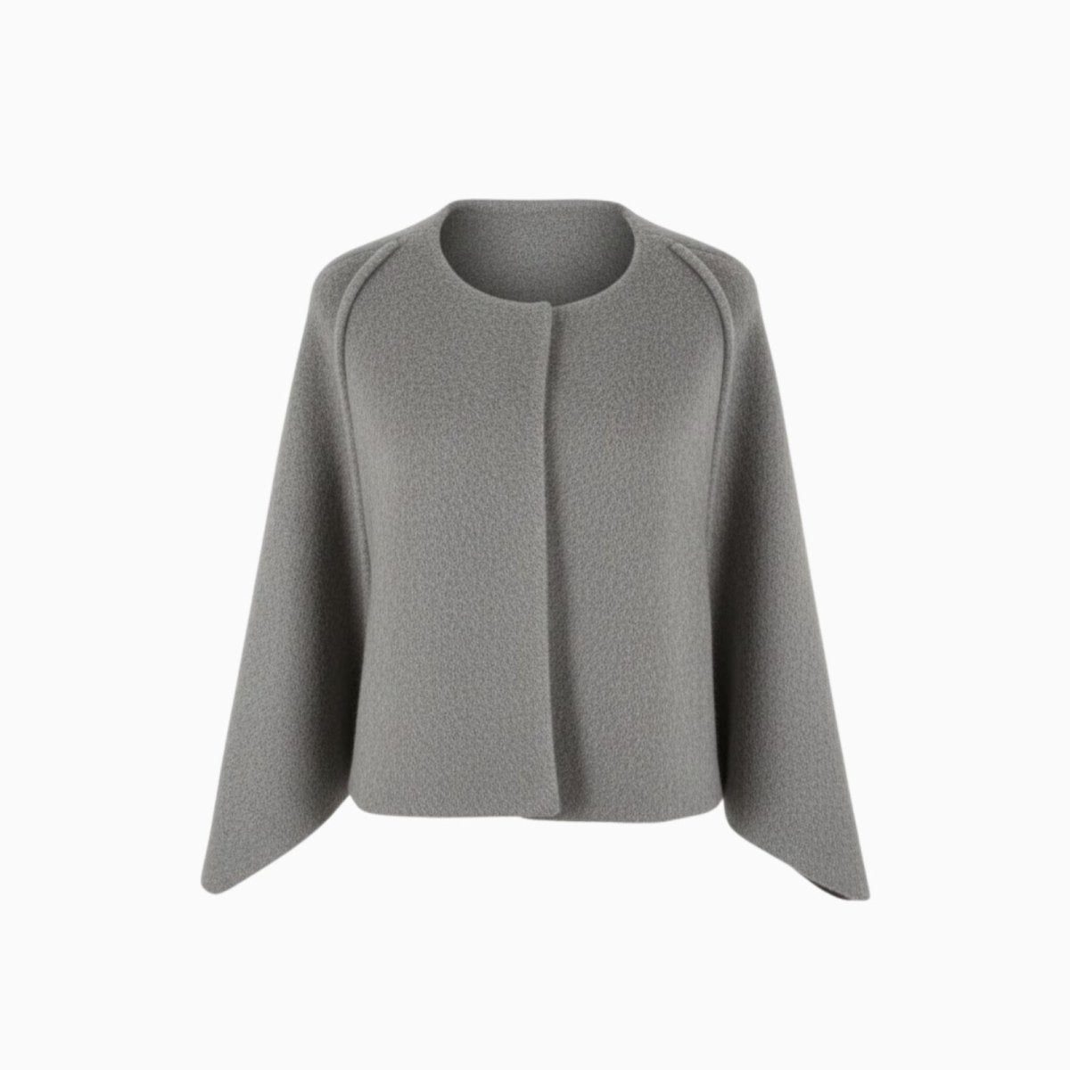 Product-only image of the Kouvr Fashion grey wool-blend collarless cape jacket on a white background.