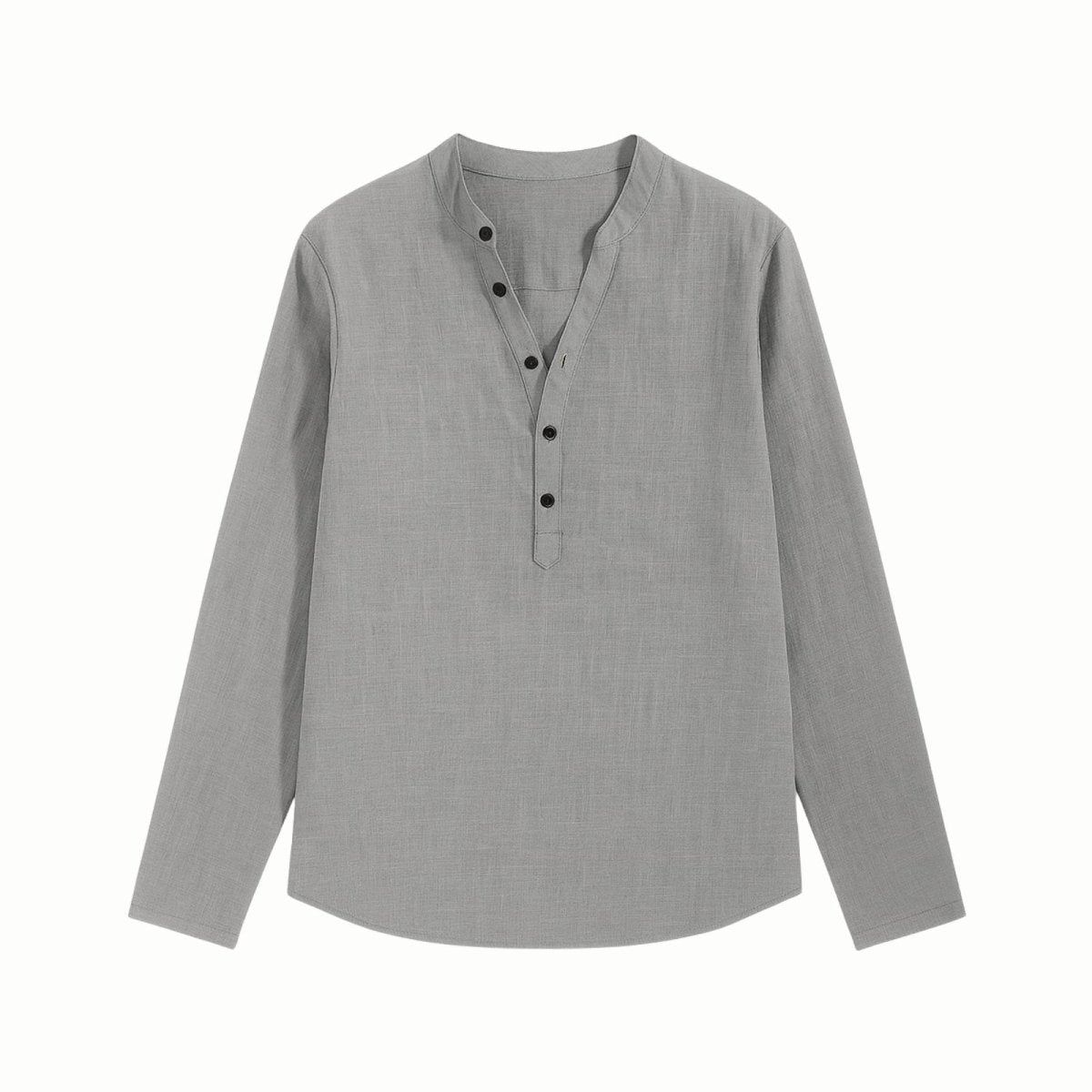 Flat lay of the Kouvr Fashion men's grey band collar henley shirt, showing the fabric texture, button placket, and collarless design.