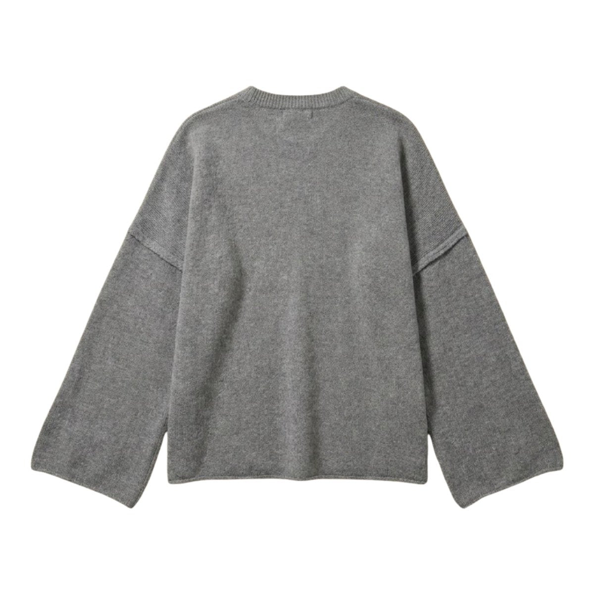 Product flat lay of the back of the grey oversized sweater highlighting the ribbed crewneck detail.