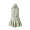 Ghost mannequin product shot of the Kouvr Fashion sage green halter mini dress with vertical stripes.