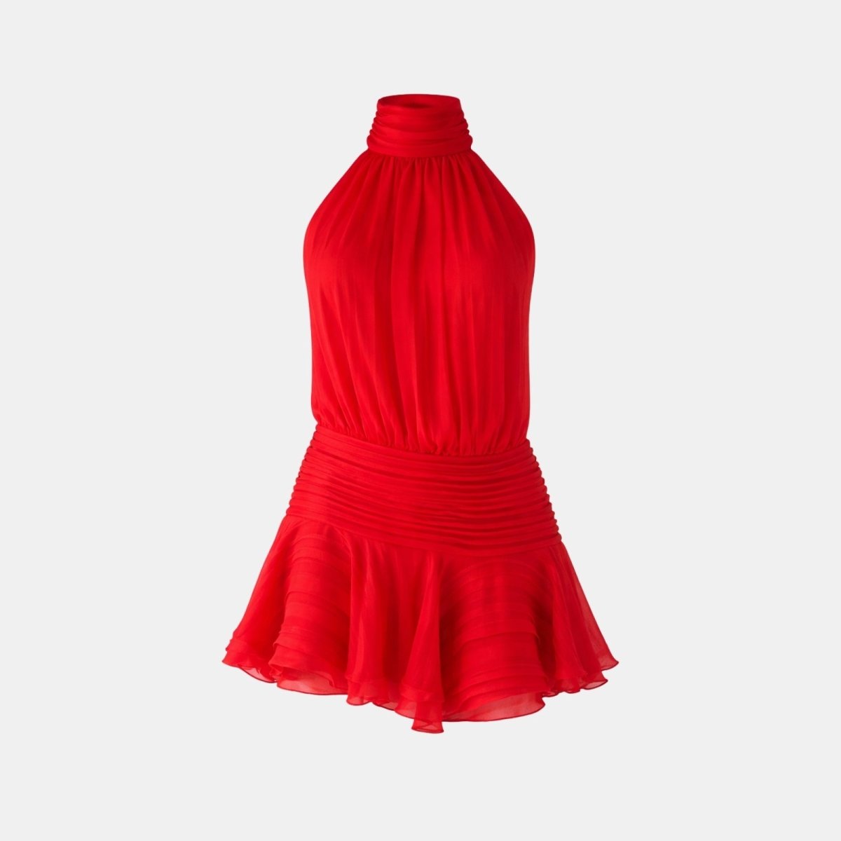 Product shot of the red halter neck Hope mini dress showing the ruched waist and gathered neckline.

