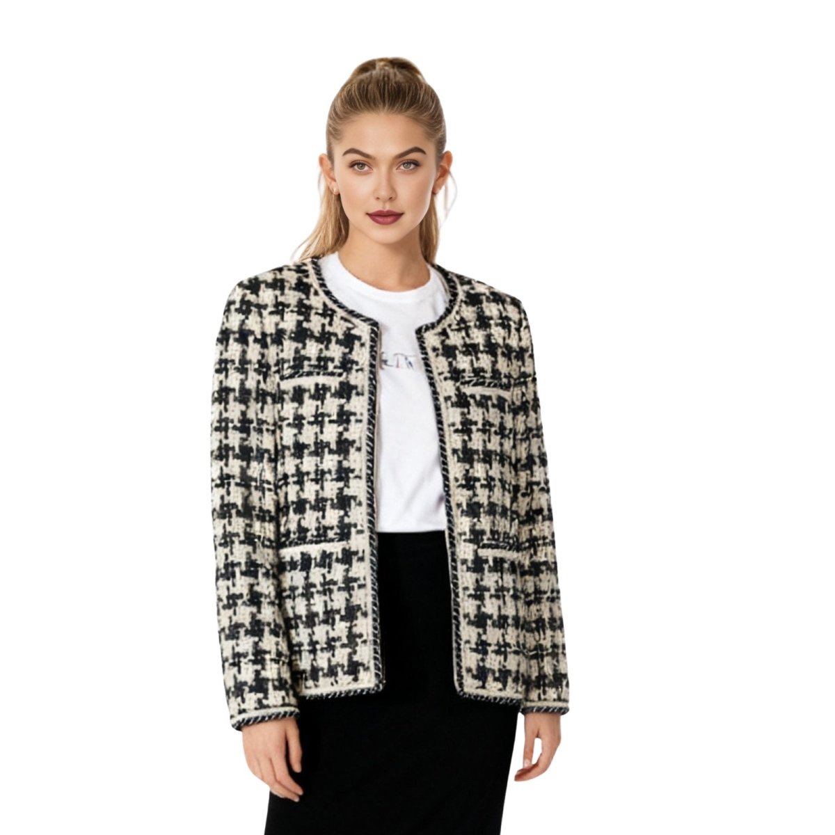 Woman wearing a black and white checkered jacket on a white background