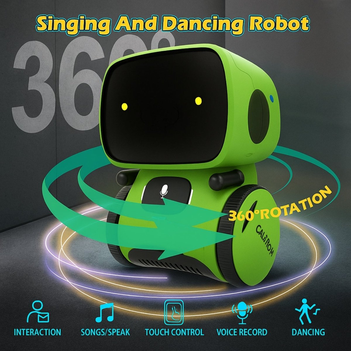 Promotional image for the Kouvr Fashion interactive robot highlighting its features: 360 rotation, interaction, songs/speak, touch control, voice record, and dancing.