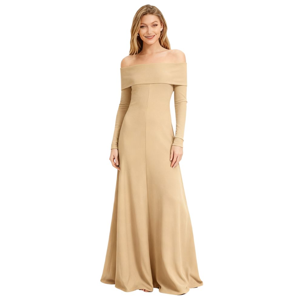 Khaki kouvr off-shoulder gown on a white background