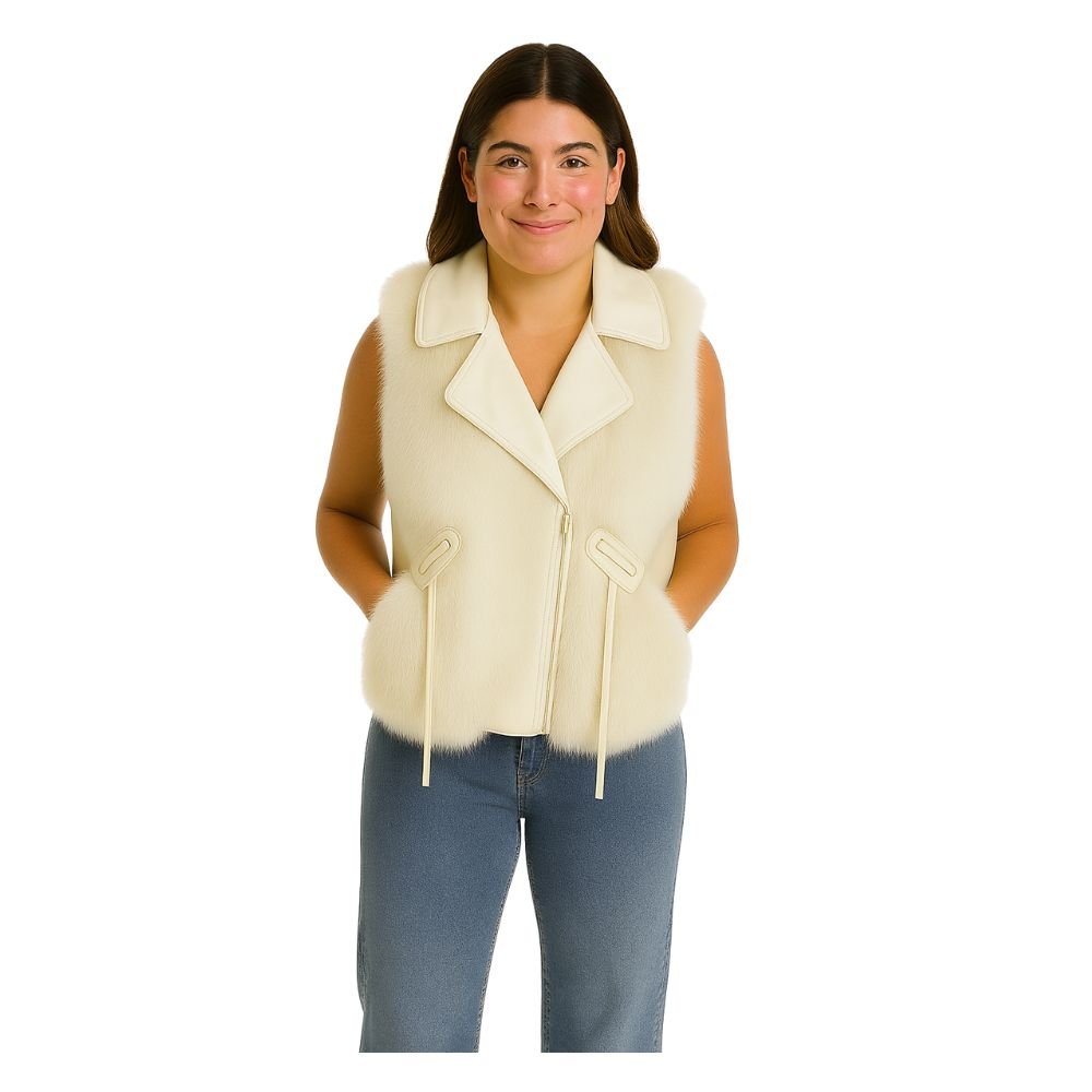 Kouvr Fashion women's ivory genuine leather vest with authentic fox fur collar" and "Interior view of the Kouvr Fashion vest showing the insulated quilted satin lining