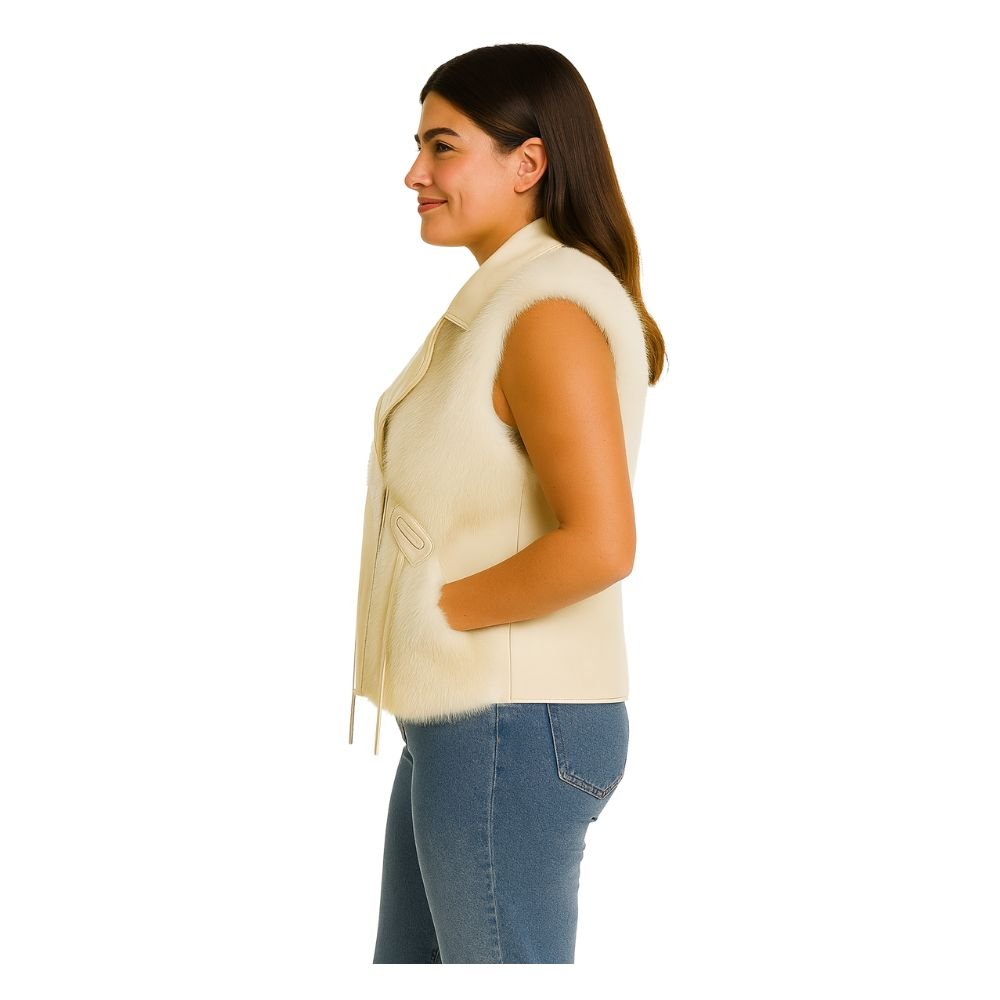 Kouvr Fashion women's ivory genuine leather vest with authentic fox fur collar" and "Interior view of the Kouvr Fashion vest showing the insulated quilted satin lining
