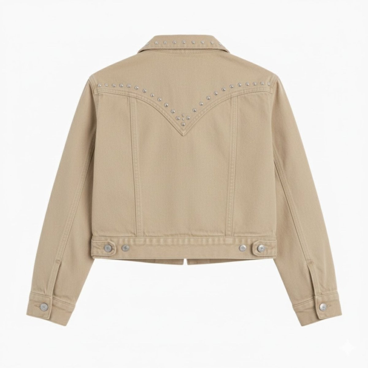 Flat lay product shot of the back of the khaki Jacklyn trucker jacket from Kouvr Fashion, with a clear view of the studded back yoke design.