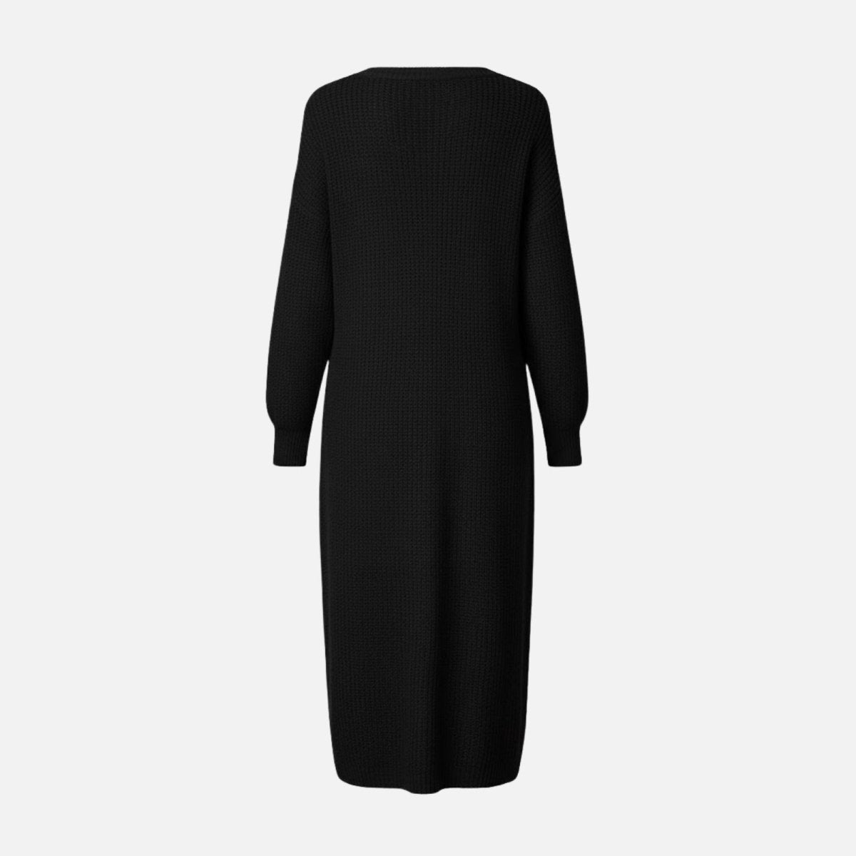 Product shot of the back of the Kouvr Fashion black ribbed knit sweater dress laid flat, showing the full length and sleeve detail.