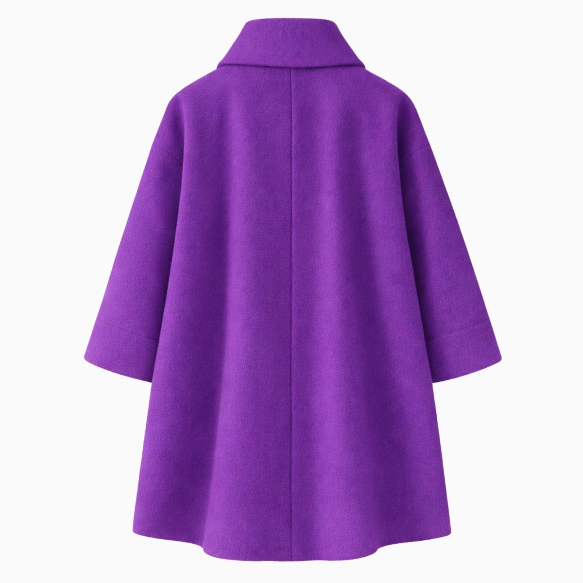 Detailed flat lay of the back of the Kouvr Fashion janice purple wool coat, showing the collar and sleeve construction.