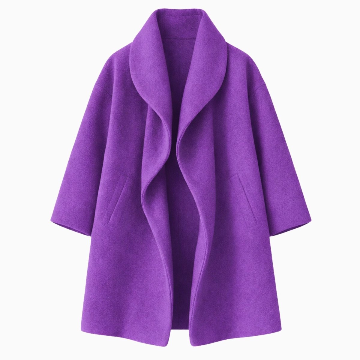 Flat lay product shot of the Kouvr Fashion open janice purple wool coat, displaying the shawl collar and interior structure.
